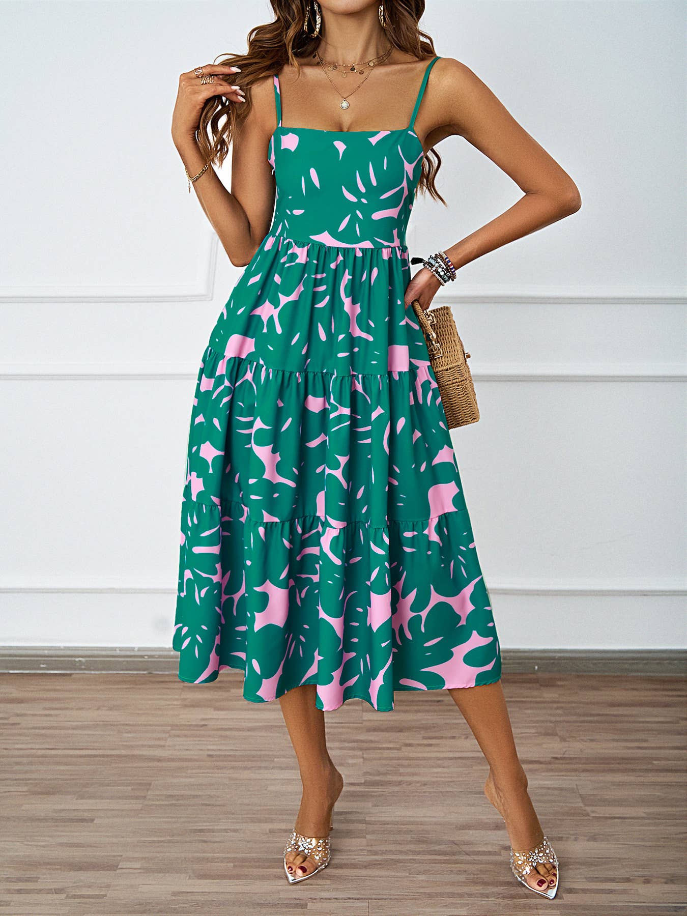 ELEGANT CAMISOLE FLORAL PRINT MID-LENGTH DRESS
