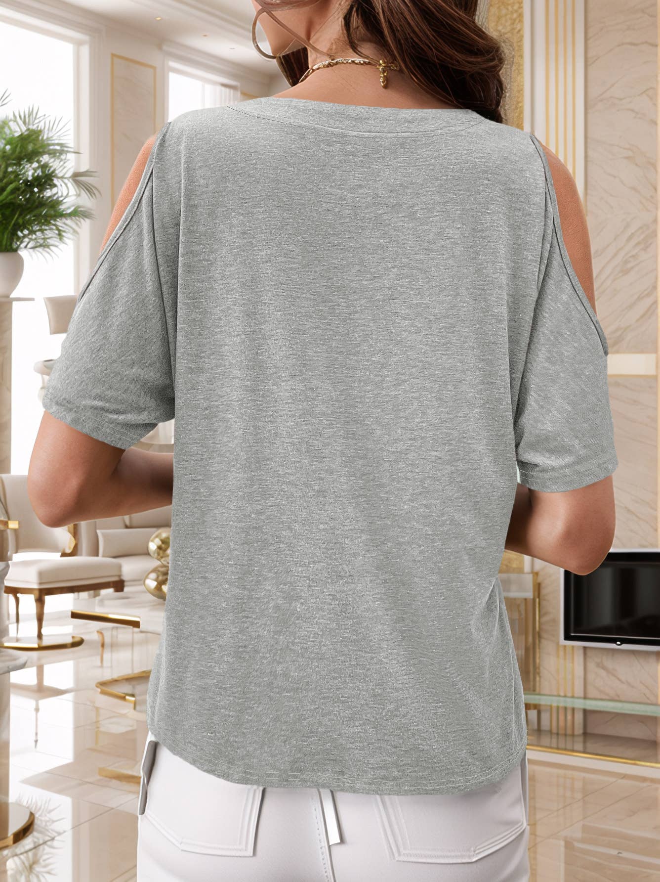 Solid-color off-the-shoulder short-sleeved Top