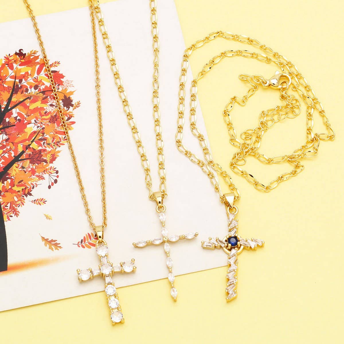 GOLDEN ZIRCON CROSS PENDANT NECKLACE