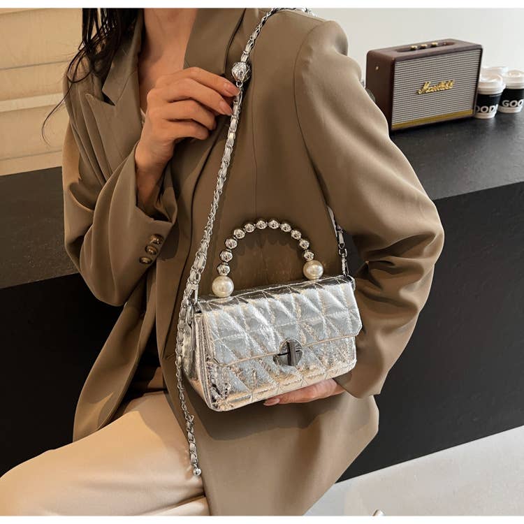 Laser pearl chain diamond single-shoulder bag