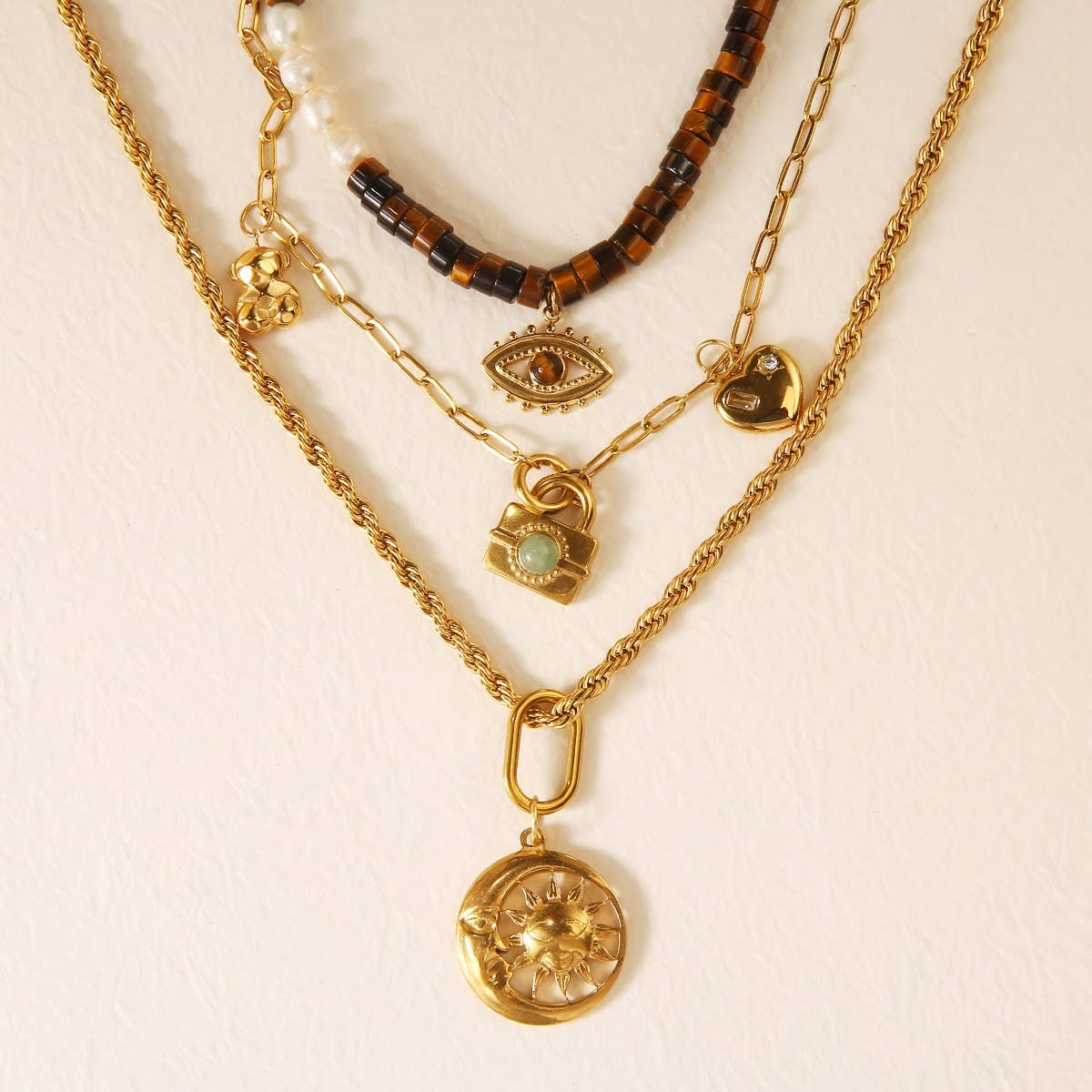 New 18K Steel Sunflower & Evil Eye Necklace