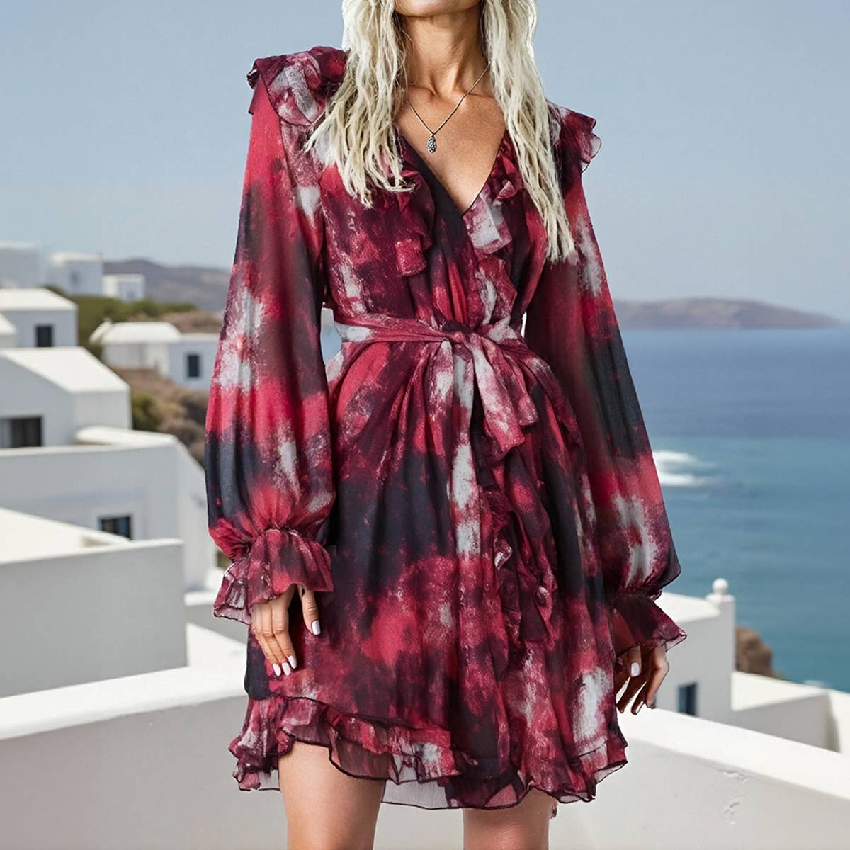 Printed Bohemian-style long-sleeved short dress