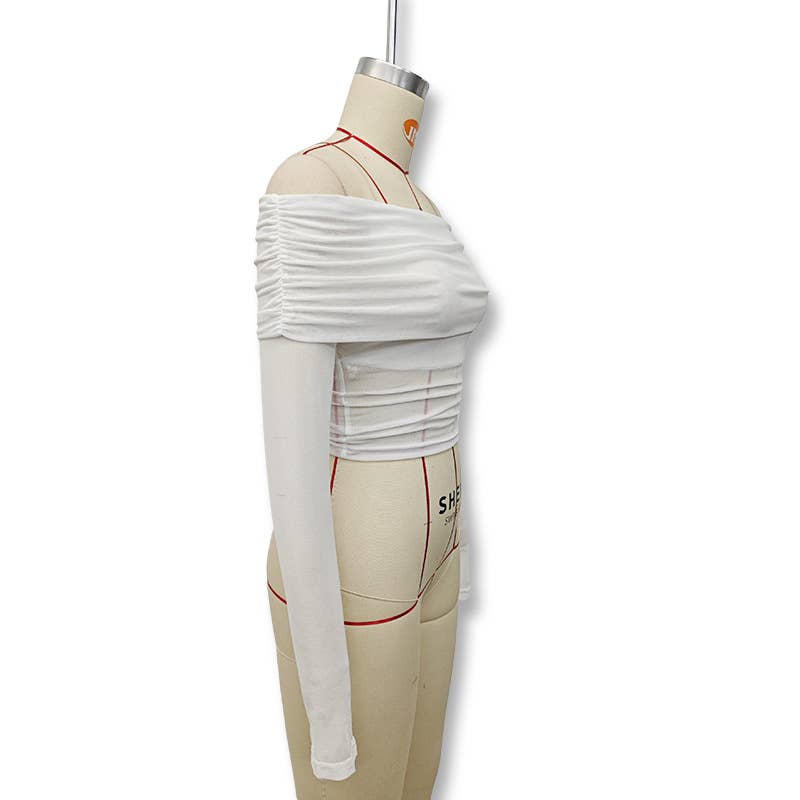 Solid color fit line neck gauze long sleeve top