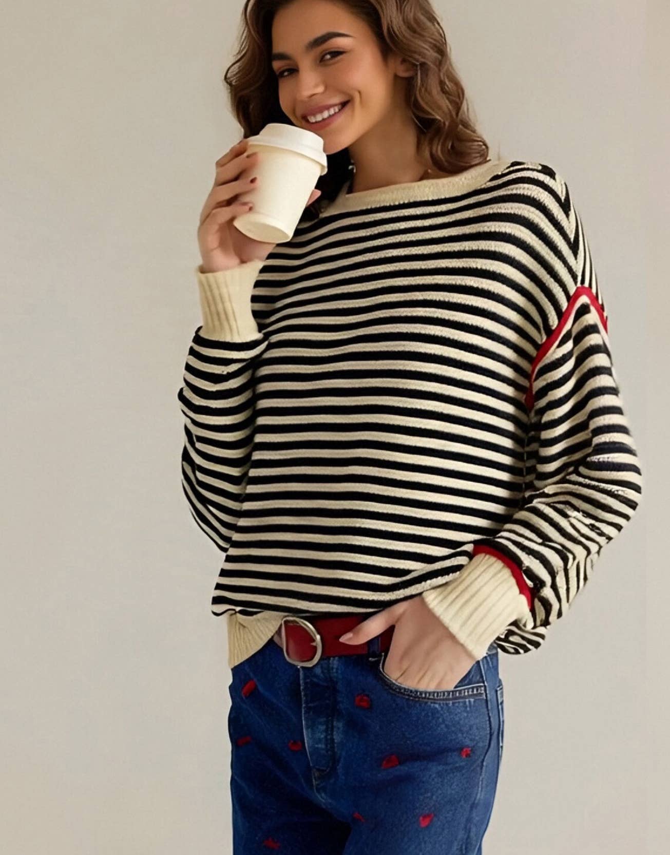 Striped round-neck loose long-sleeved sweater