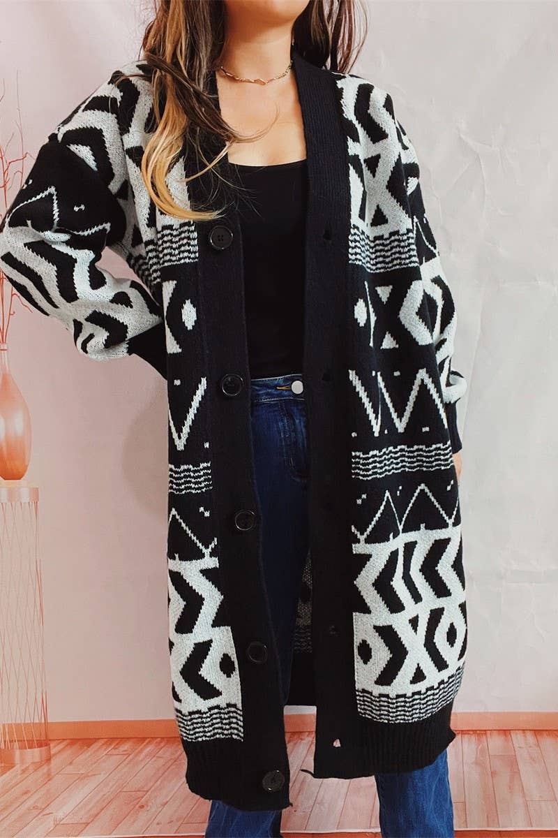 V-neck retro geometric long cardigan coat