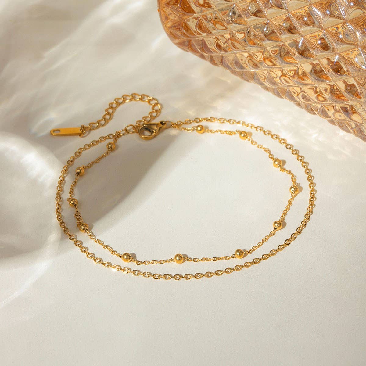 18K Gold Double Layer Beaded Anklet, Non-Tarnish_CWAJE4636