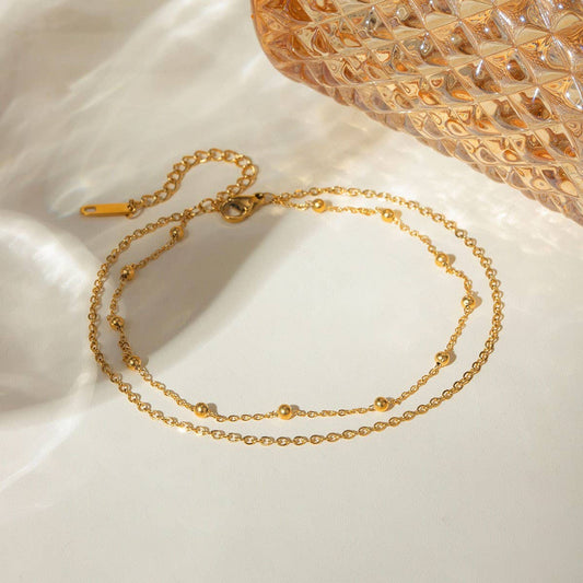 18K Gold Double Layer Beaded Anklet, Non-Tarnish_CWAJE4636