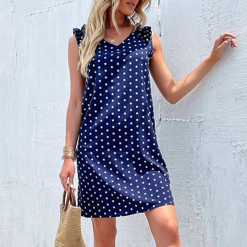 Polka Dot sleeveless pleated V-neck dress