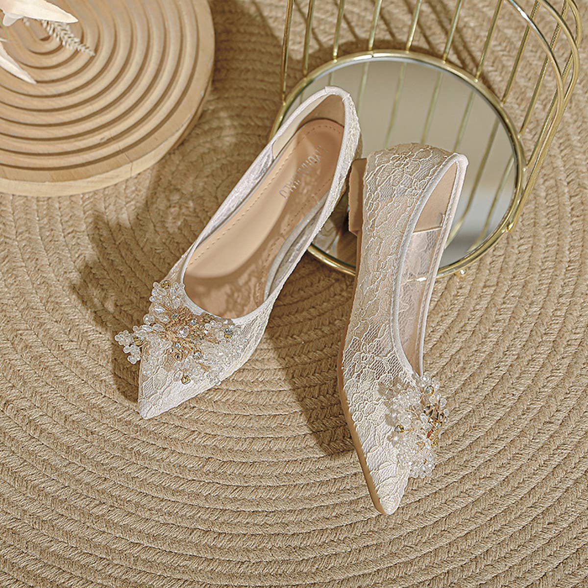 LACE AND RHINESTONE POINTED TOE FLATS