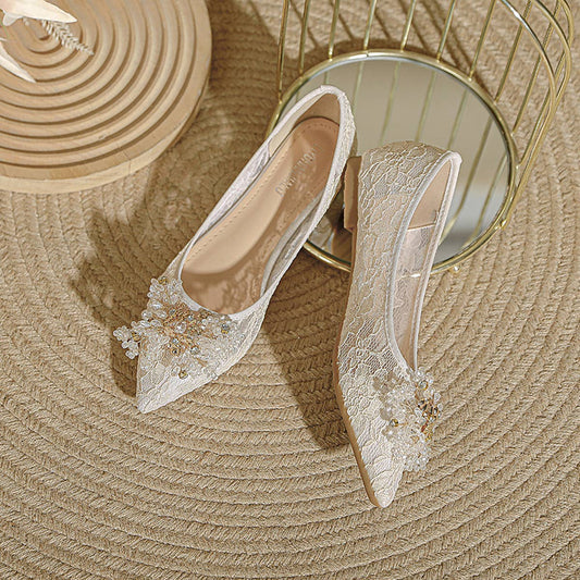 LACE AND RHINESTONE POINTED TOE FLATS