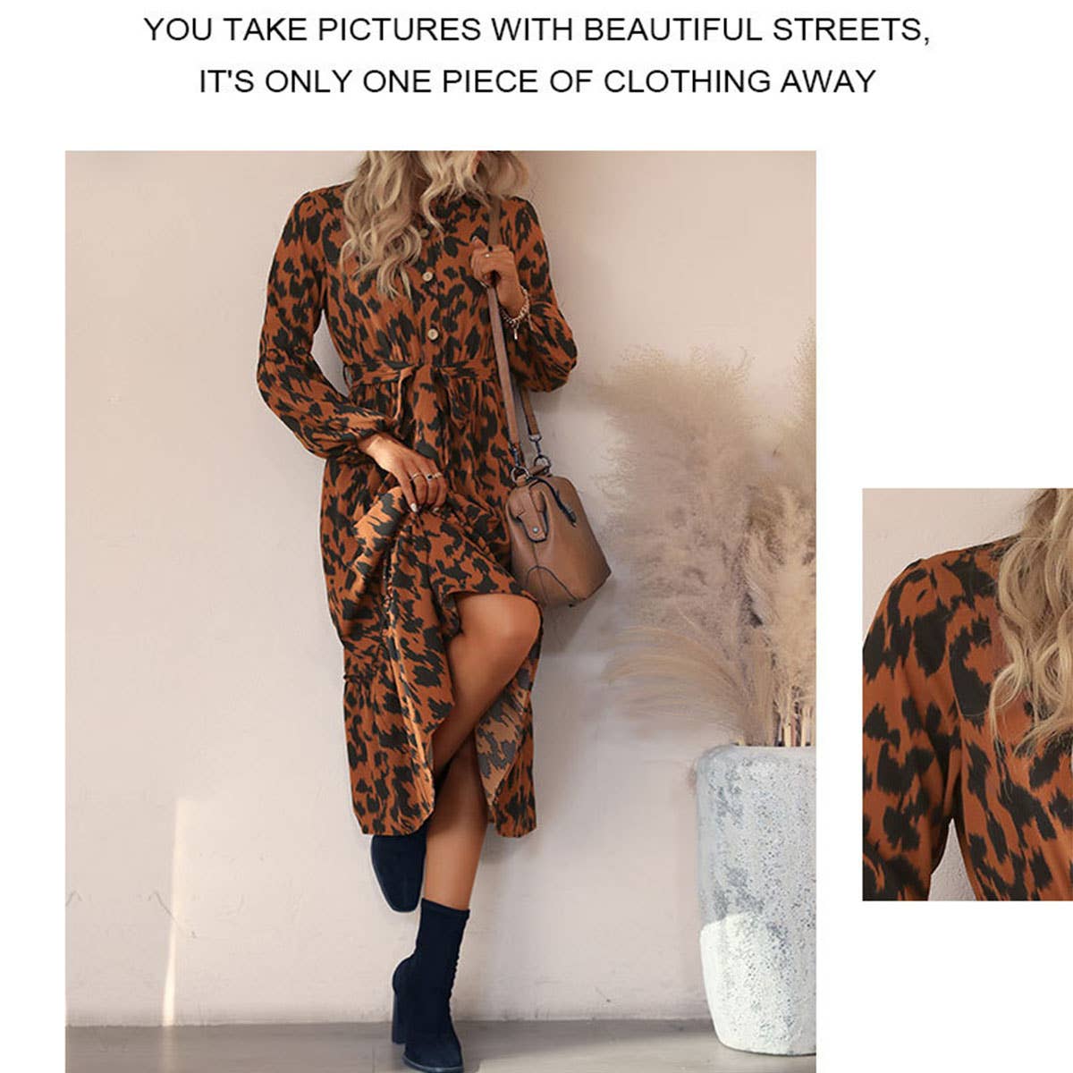 Stand collar long sleeve leopard print dress