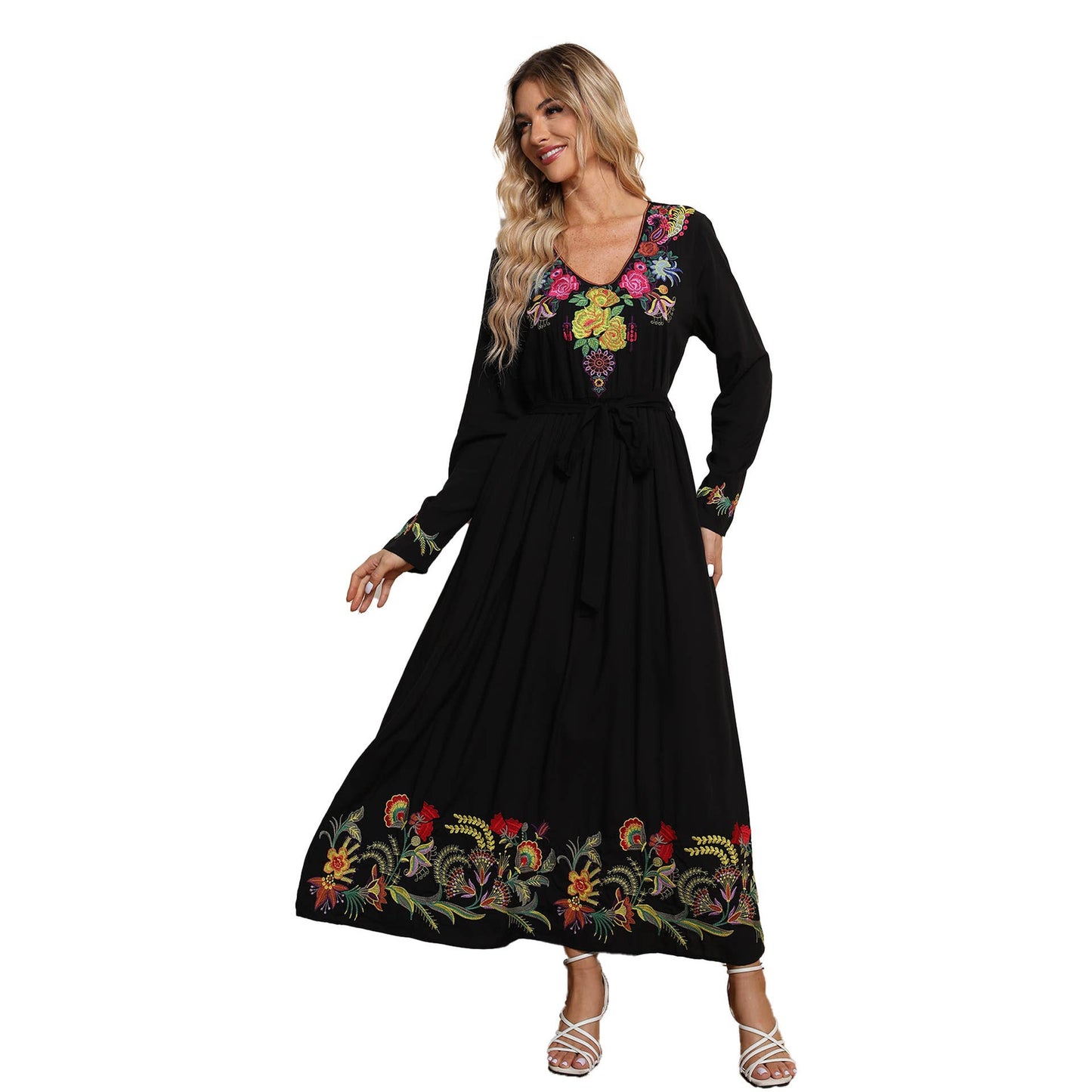 Ethnic style embroidered waist-slimming dress