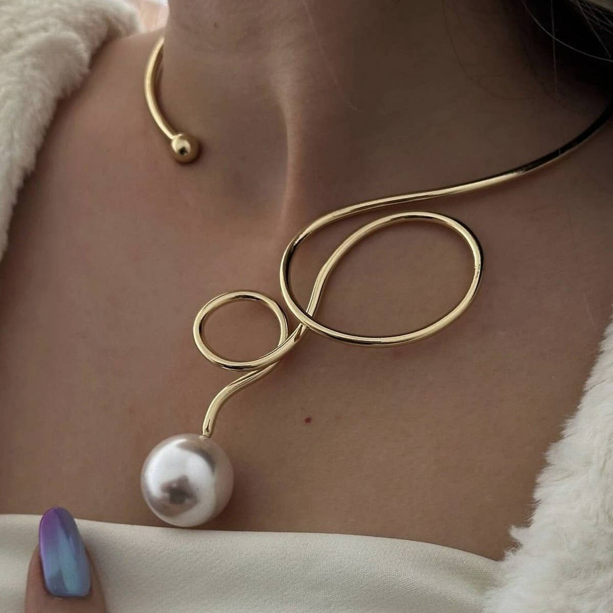 WATERDROP IMITATION PEARL FASHION METAL NECKLACE