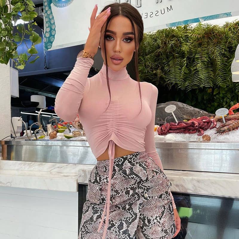 FASHION PLEATED MIDRIFF HALF-NECK T-SHIRT