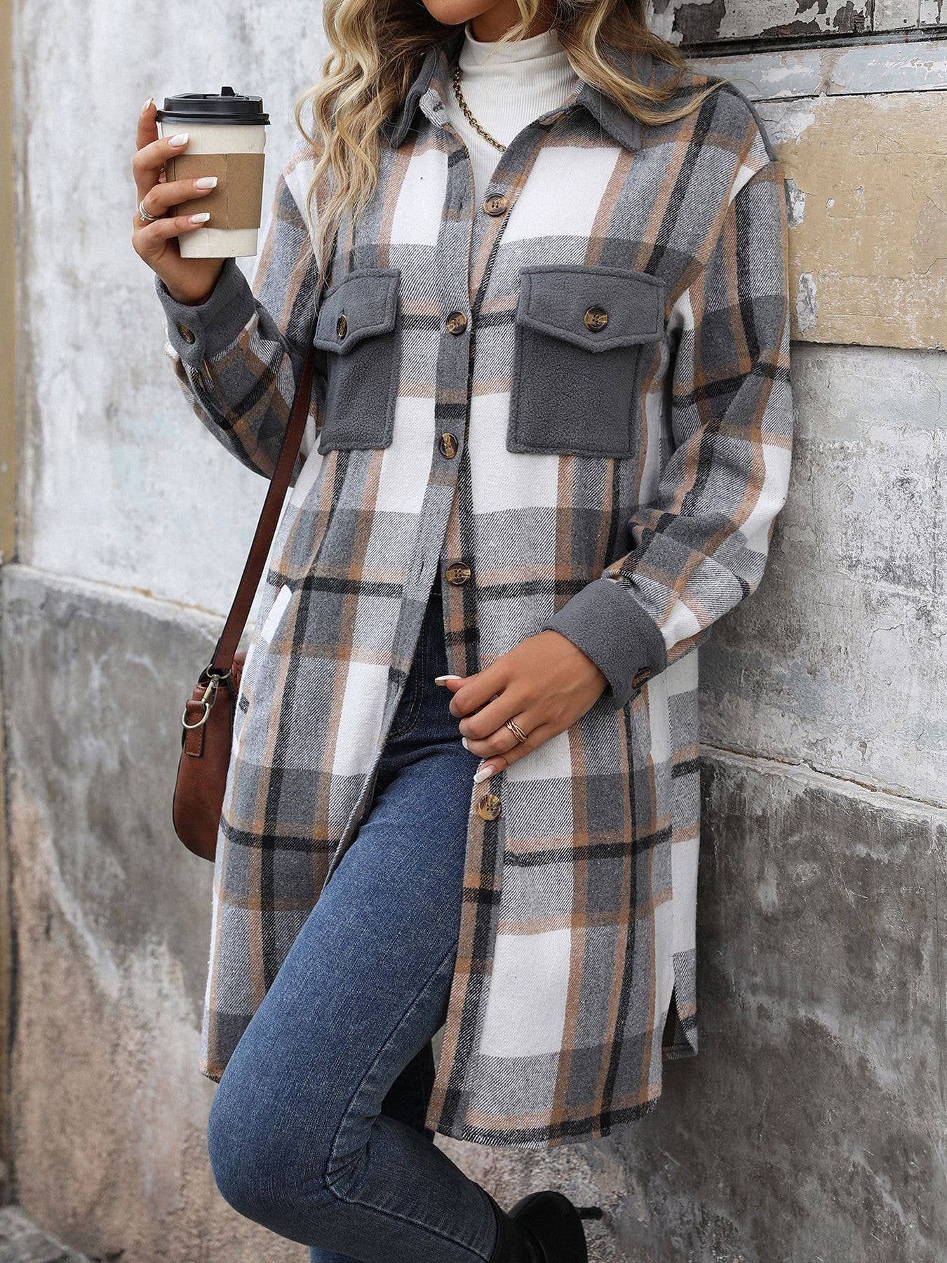 LONG SINGLE BREASTED COAT IN BRUSHED PLAID
