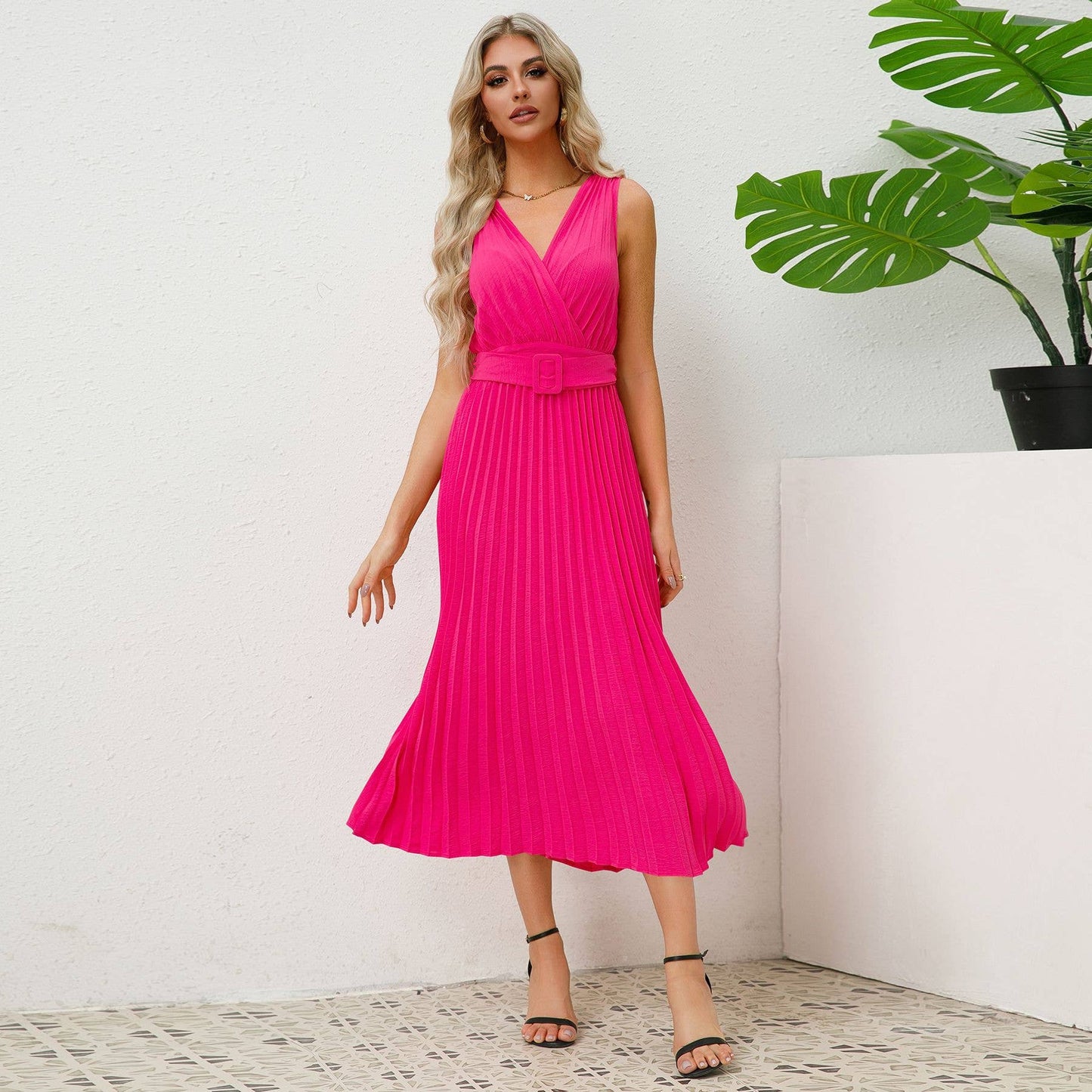 V-Neck Pleated Belted Bodycon Midi Dress