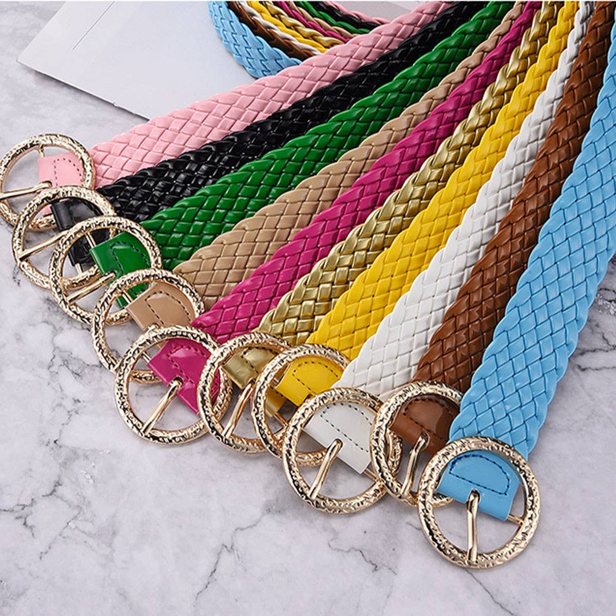 METAL ROUND BUCKLE PATENT LEATHER BRAIDED WIDE BELT