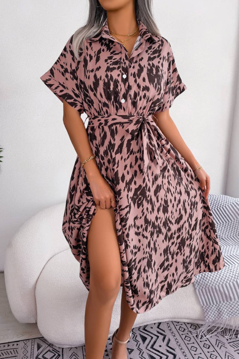 CWDMD2628_CASUAL LOOSE LEOPARD PRINT LACE-UP SHIRT DRESS