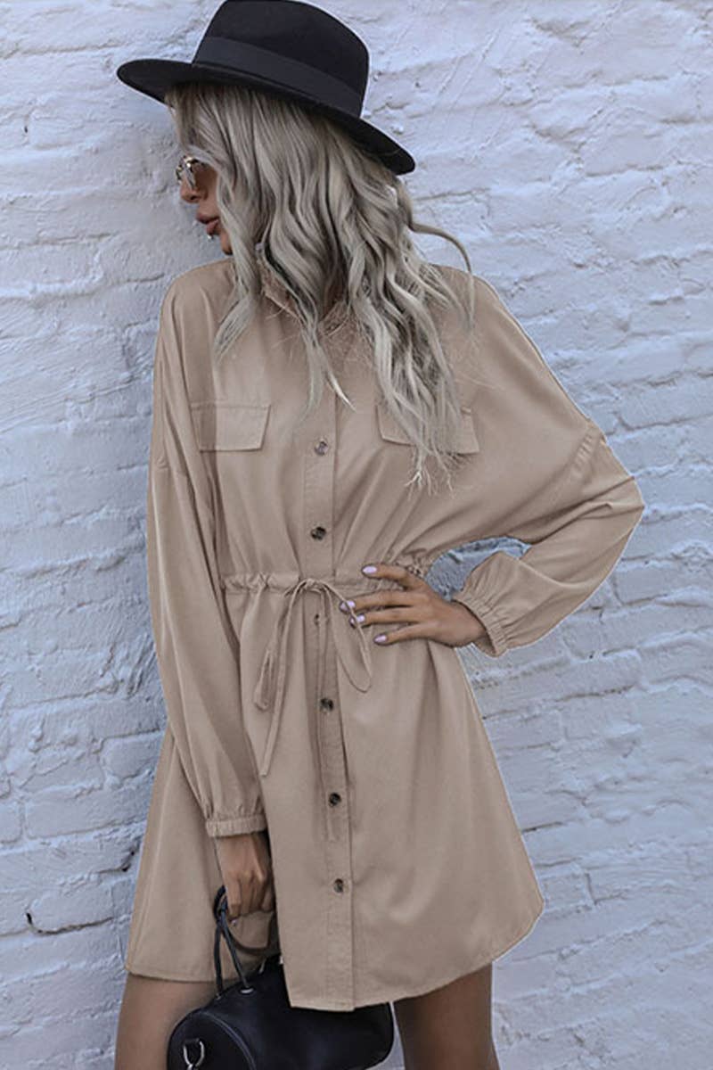 SOLID COLOR FRENCH LAPEL LONG-SLEEVED SHIRT DRESS