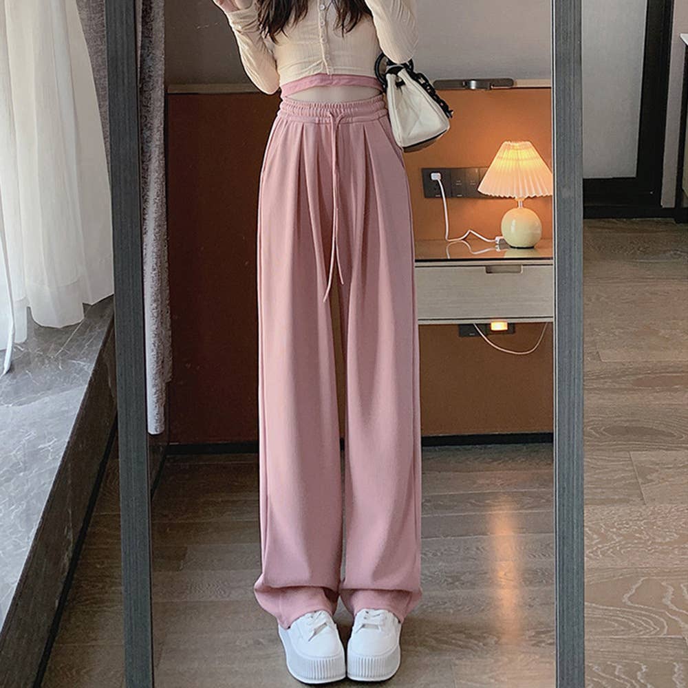 HIGH WAIST DROP KNIT DRAWSTRING WIDE-LEG PANTS
