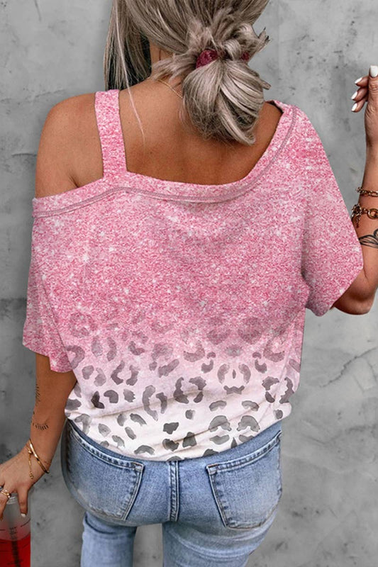 Cwtbls1385_Summer Gradient Leopard Print One-Shoulder Top
