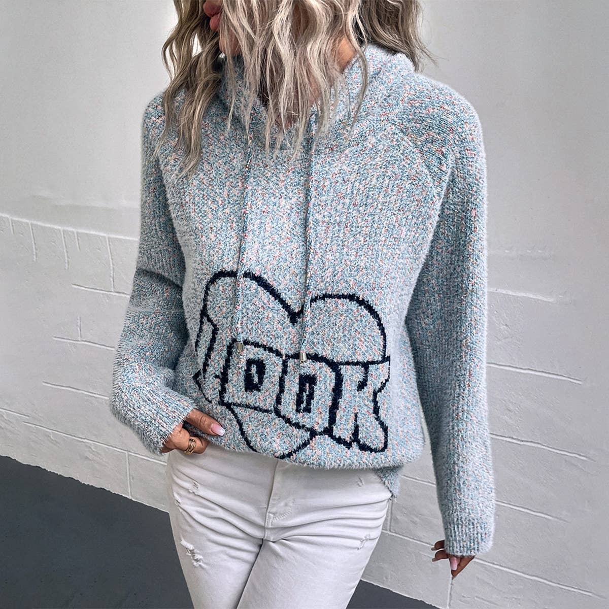 Hooded drawstring female pullover sweater