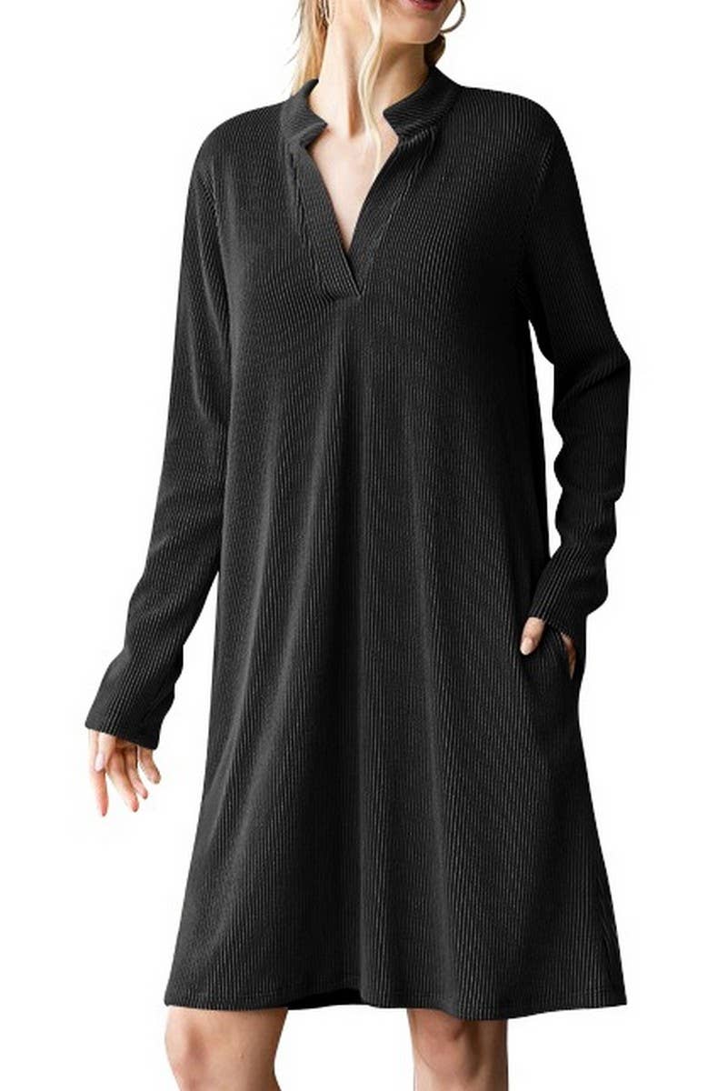 CWDSD6681_SOLID COLOR V-NECK LONG SLEEVE LOOSE DRESS