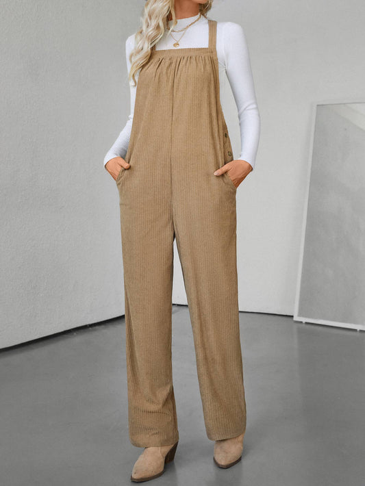 Solid color pocket loose corduroy jumpsuit