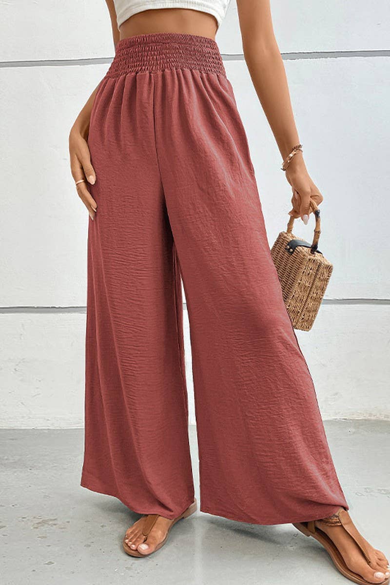 CWBLP00931_HIGH WAIST SOLID ELASTIC WIDE LEG CASUAL PANTS