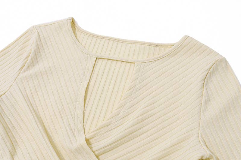 V-NECK LOW CUT THREAD FIT MIDRIFF LONG SLEEVE TOP