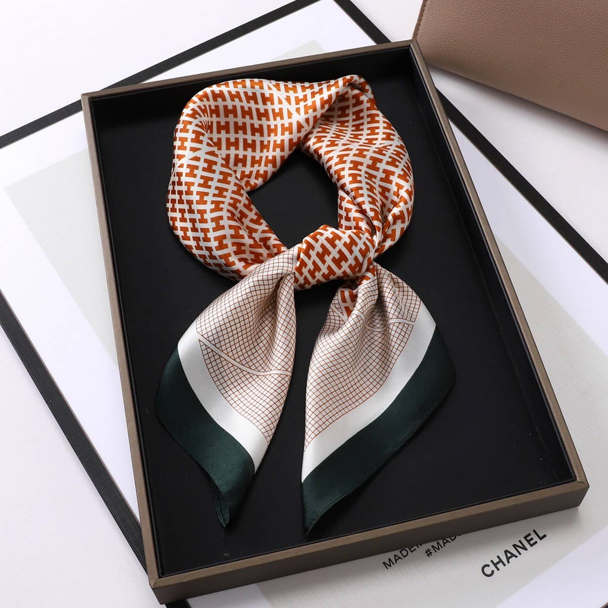 Vintage Letter Print Satin Square Scarf for Women