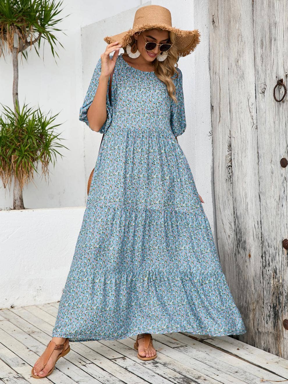 Puffy sleeve crew neck floral print long dress
