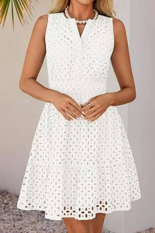 CWDSD8008_SUMMER V-NECK HOLLOW EYELET HIGH WAIST DRESS