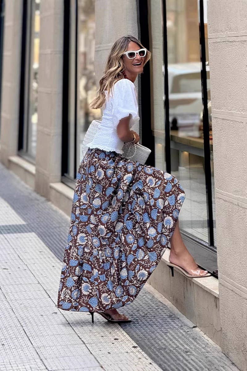 CWBLS0671_FLORAL ELASTIC WAIST FLOWY MAXI SKIRT