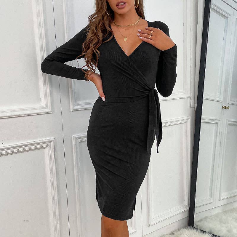 Vintage wrap V-neck long sleeve bodycon dress