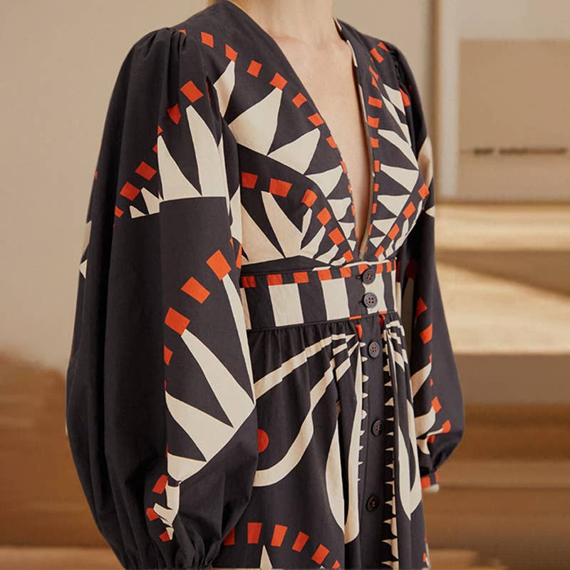PRINT STYLE V-NECK DRESS WITH LANTERN SLEEVES