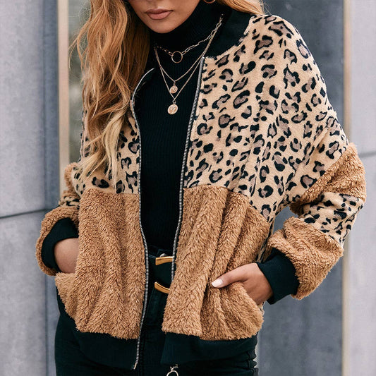 LEOPARD PRINT PATCHWORK PLUSH ZIPPER FUR COAT