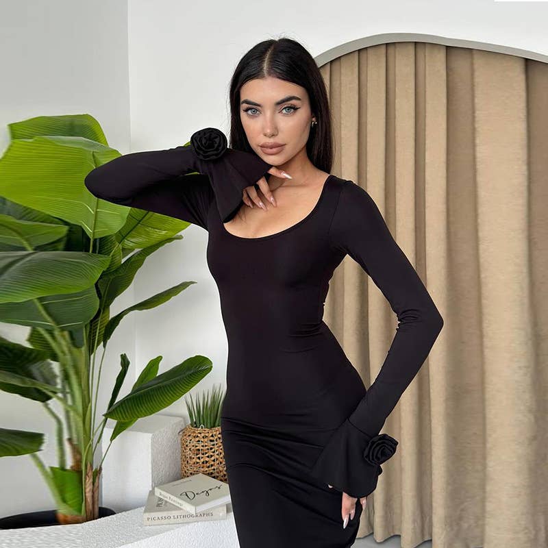 ELEGANT CREW-NECK ROSE LONG-SLEEVED DRESS