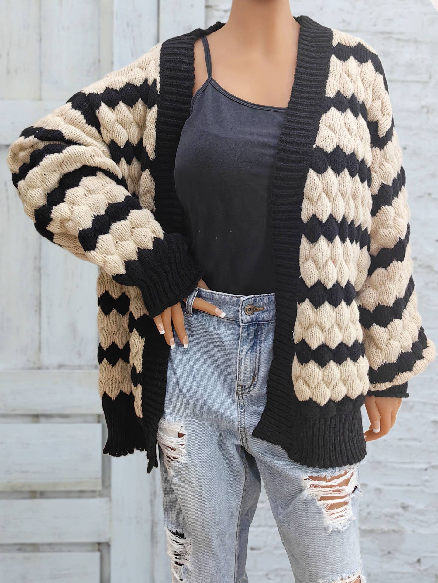 THREE-DIMENSIONAL STRIPED SWEATER CARDIGAN