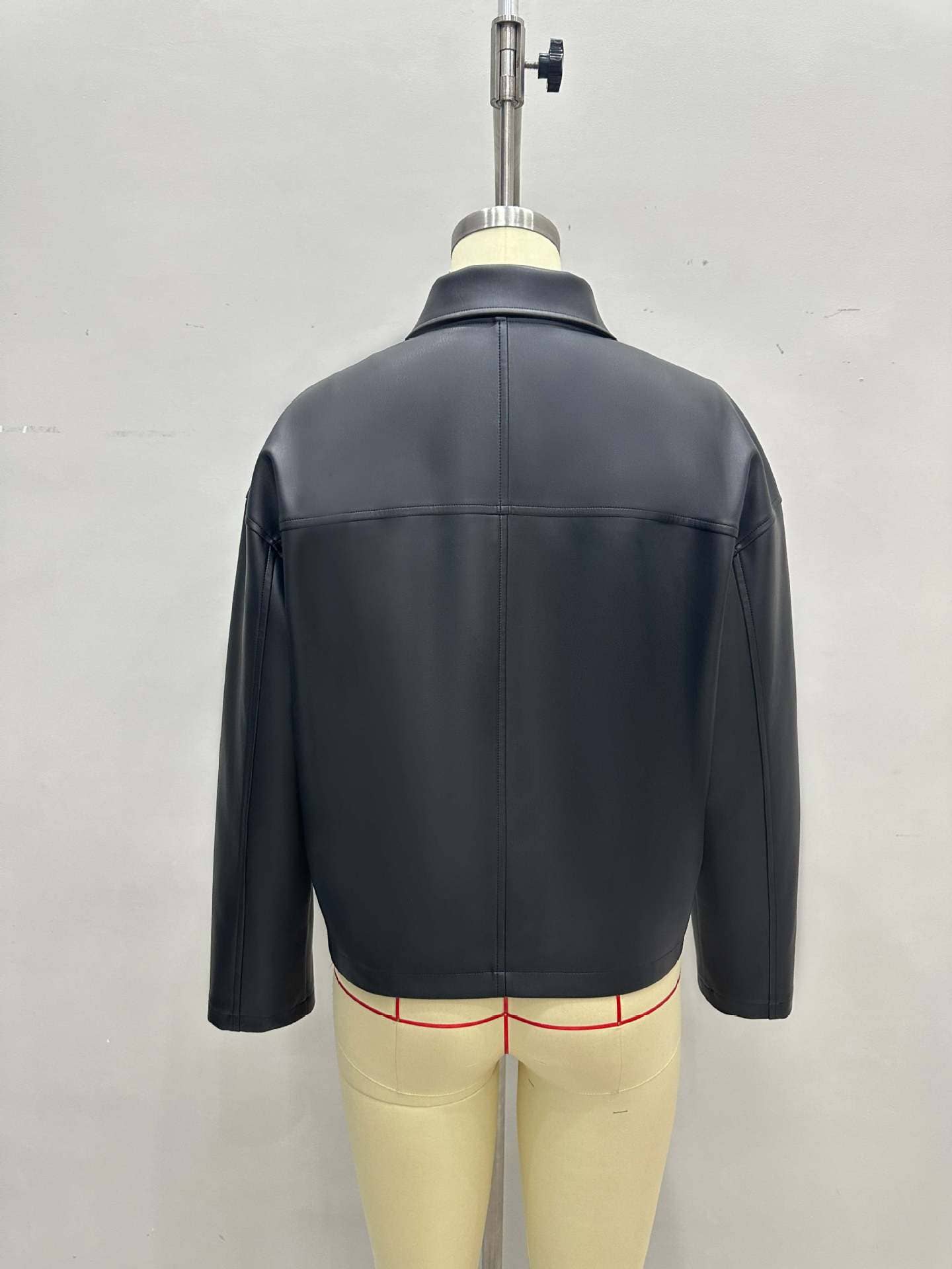 Stylish lapel zipper short leather jacket