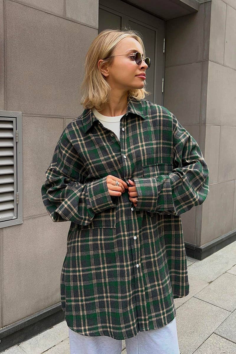 Cwtstl2319_Vintage Plaid Pocket Long Sleeve Shirt Top