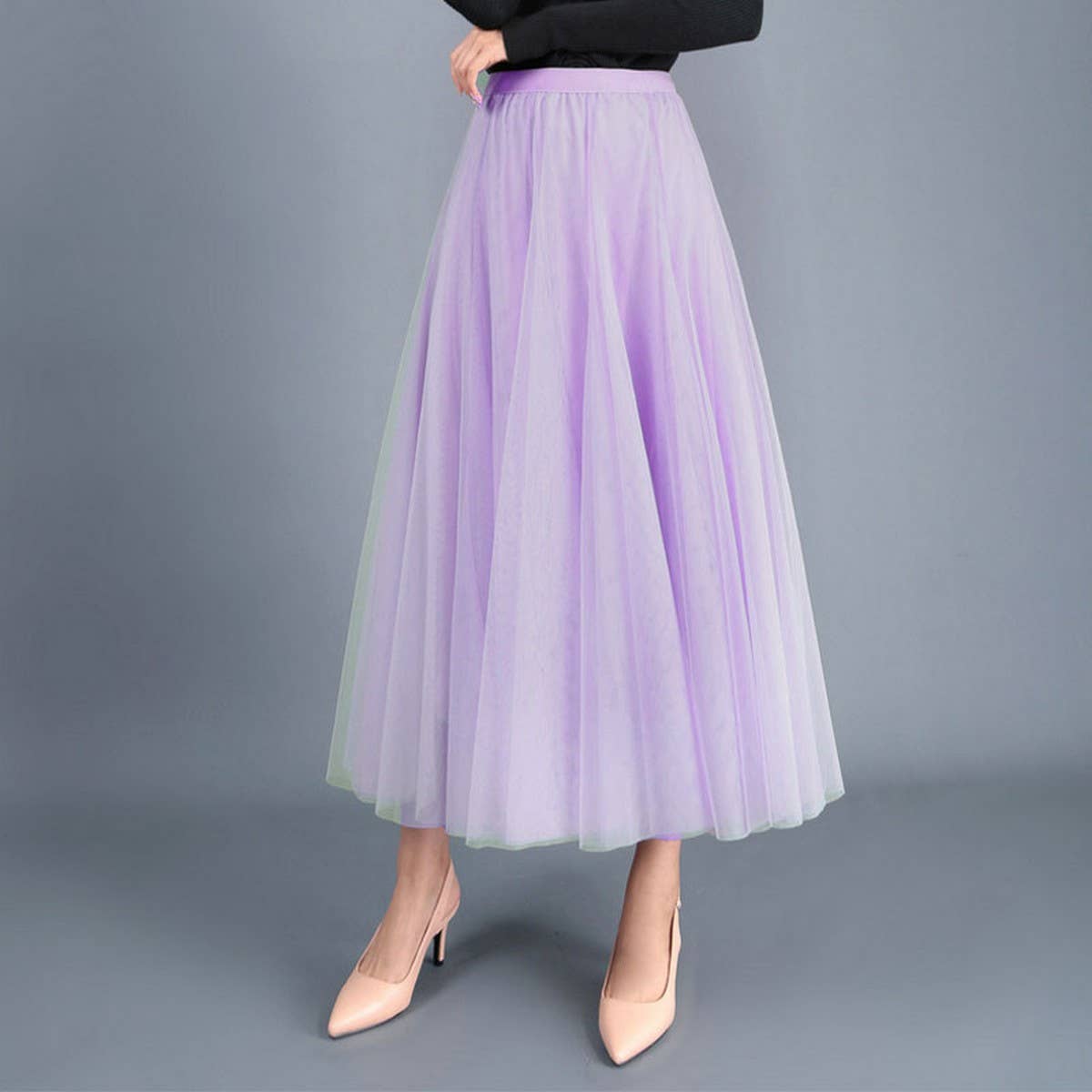 High-Waist Tulle A-Line Pleated Midi Skirt