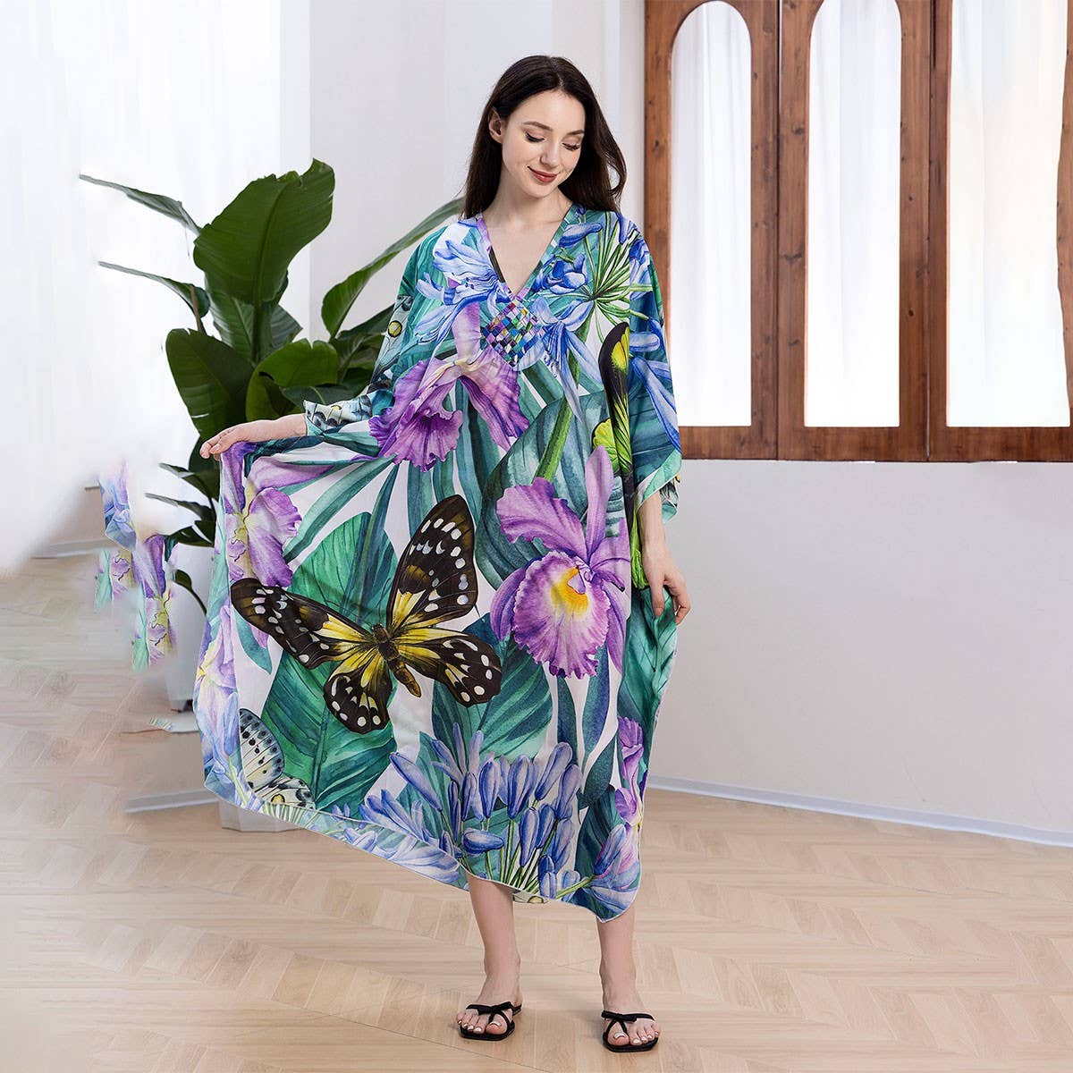 Plus Size Butterfly Print Beach Cover-Up Dress_CWMM6199