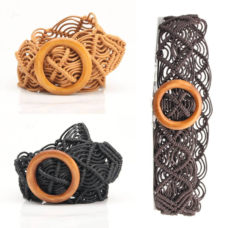 Wax rope woven hollowed-out wooden buckle belt