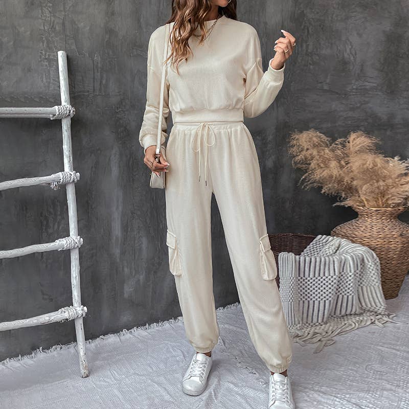 SOLID COLOR TEXTURE CASUAL TWO-PIECE SET