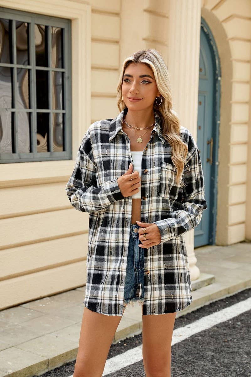 CWOBL0186_FLIP COLLAR VINTAGE CROCHET CHECKERED SHIRT