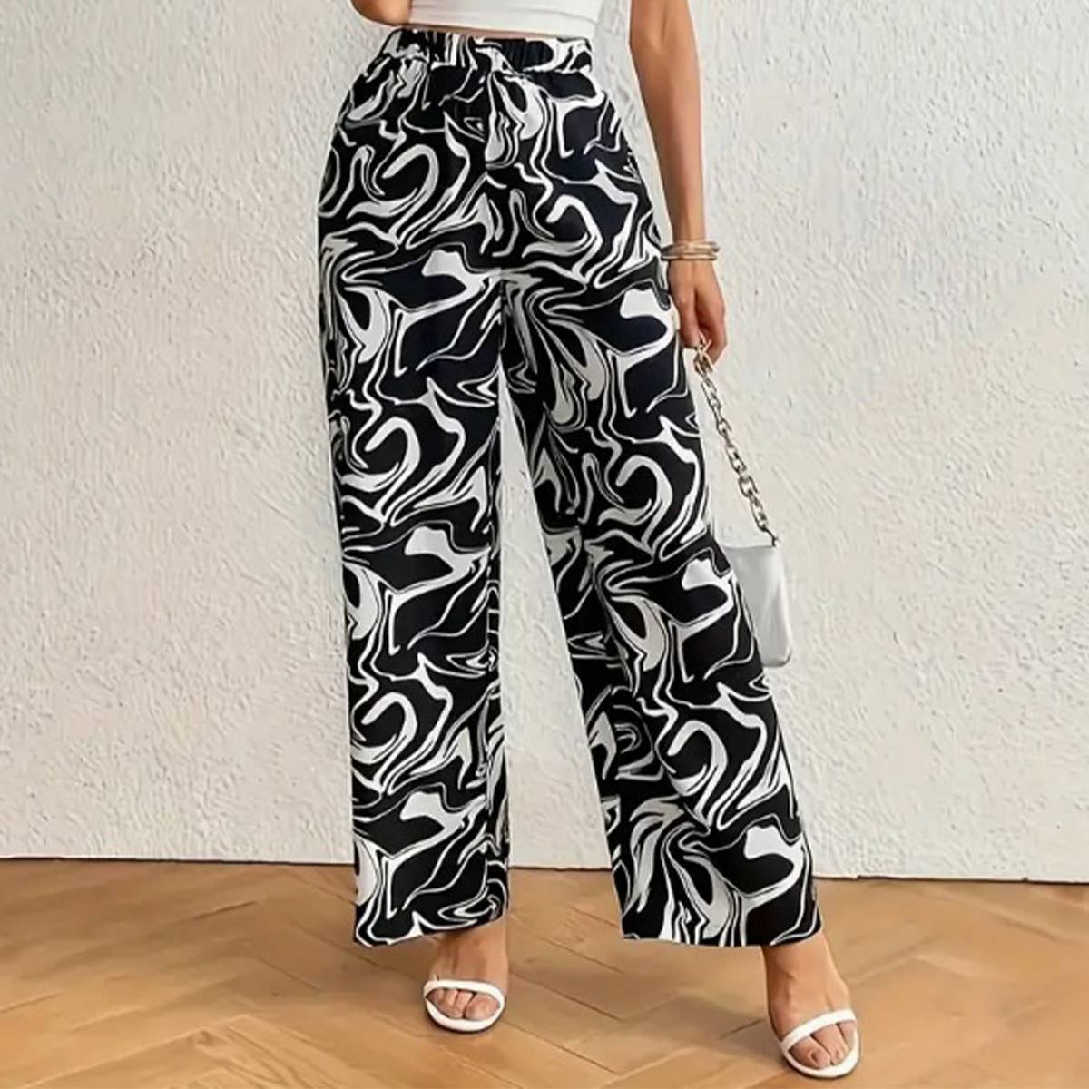 ELASTIC HIGH-WAISTED CASUAL PRINTED TROUSERS