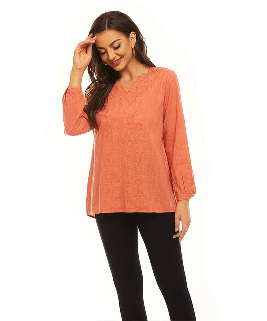 SOLID COLOR V-NECK COTTON LINEN LOOSE CASUAL TOP