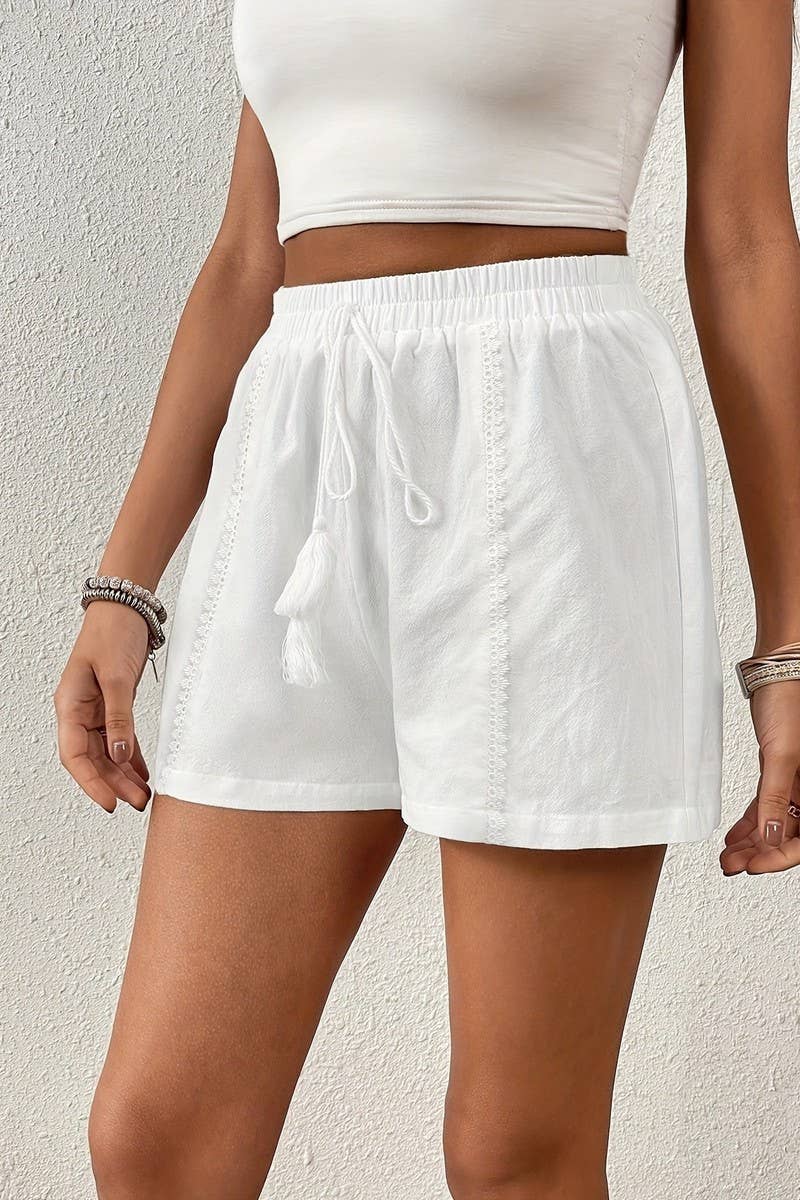 CWBSP0601_ELASTIC WAIST LACE TRIM DOUBLE POCKET SHORTS