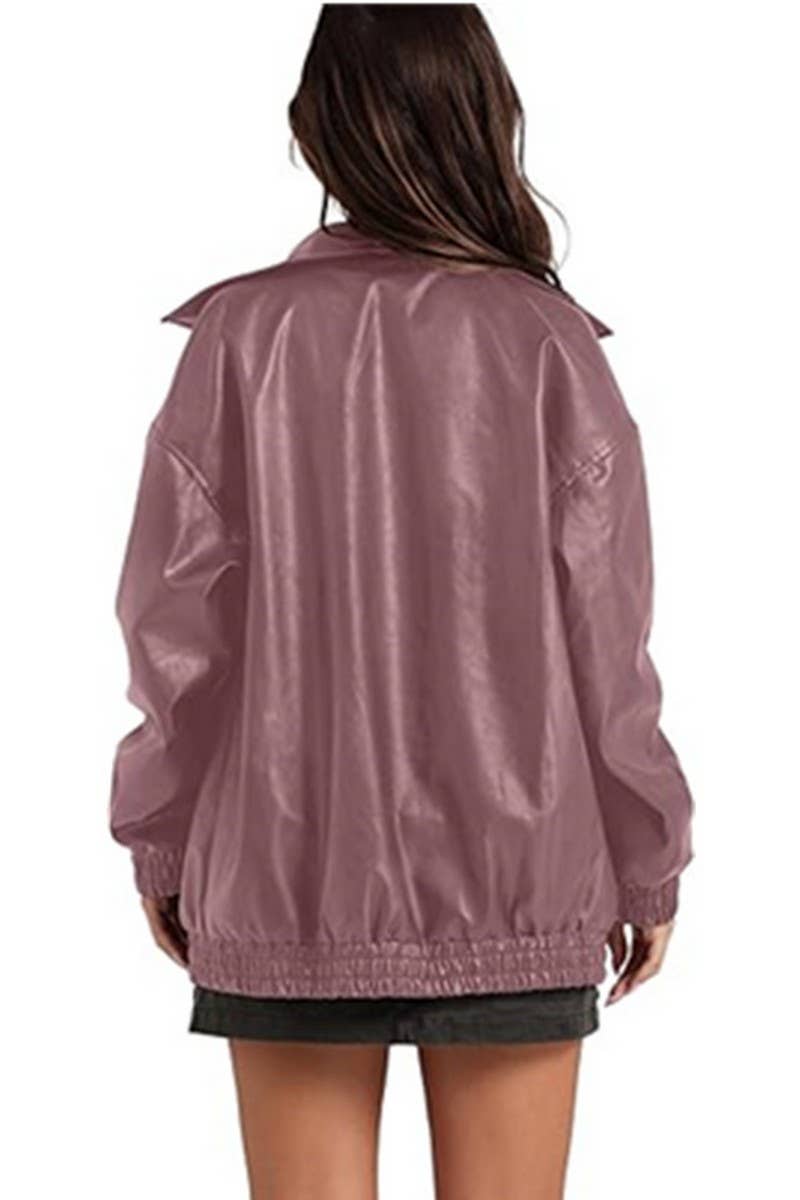 CWOCO1150_LAPEL ZIPPER SIDE POCKET PU LEATHER JACKET